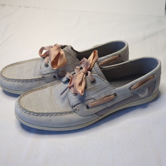 Sperry Women's Songfish boat shoe grey crocodile-embossed leather size 10 - Picture 1 of 8